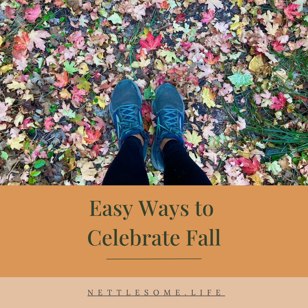 feet in sneaker surrounded by fall colored leaves