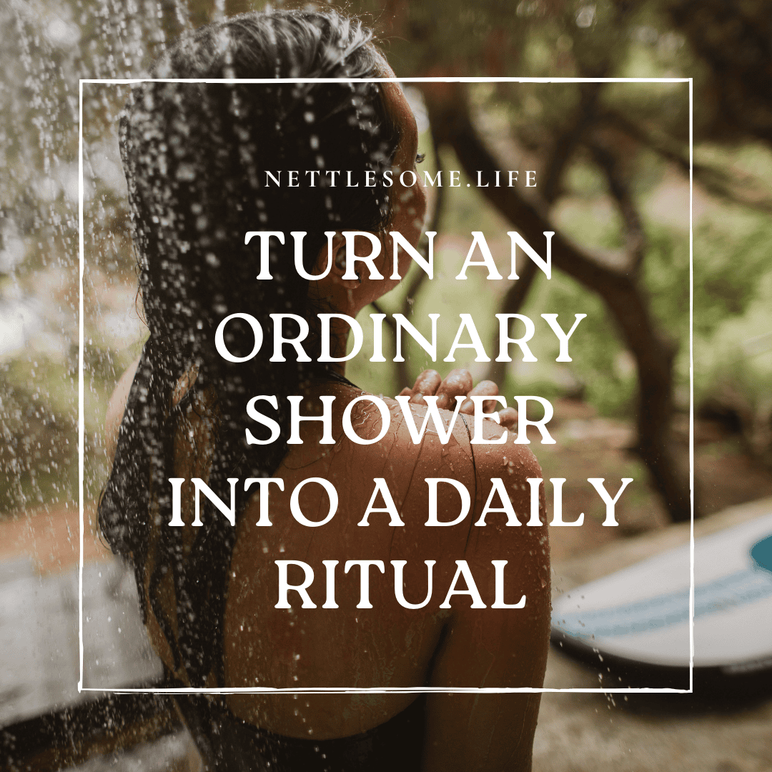 lady showering outside. turn an ordinary shower into a daily ritual